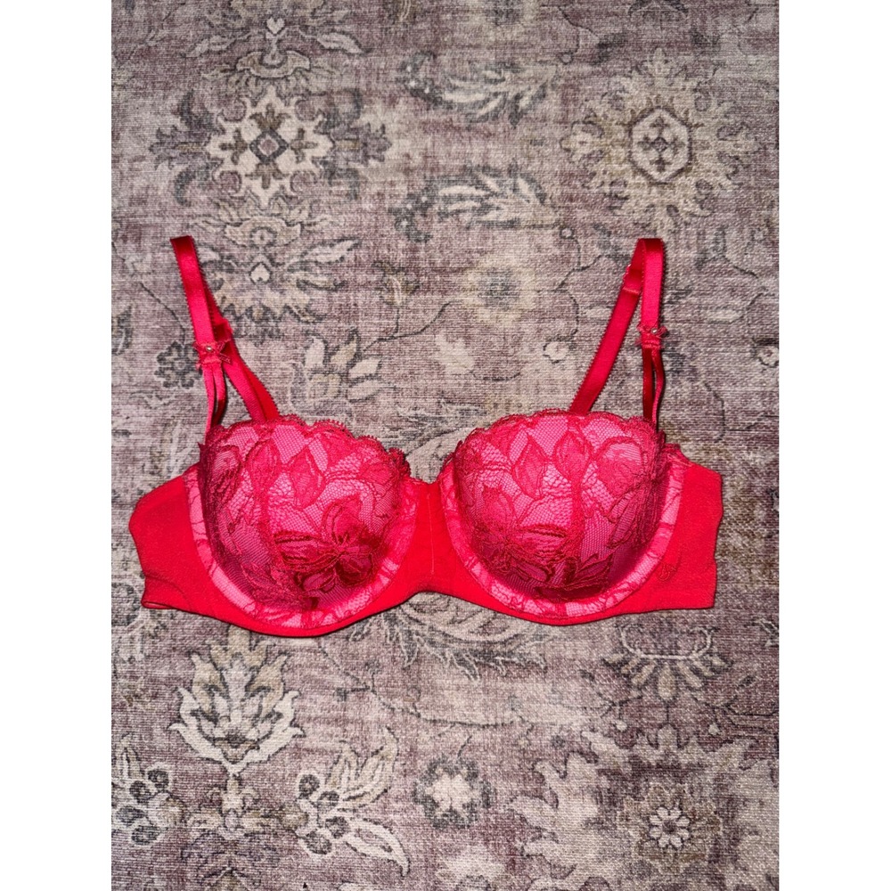 Victoria's Secret Red Floral Lace‎ Balconet Bra 34B Pink Lining Pearl Bow Straps